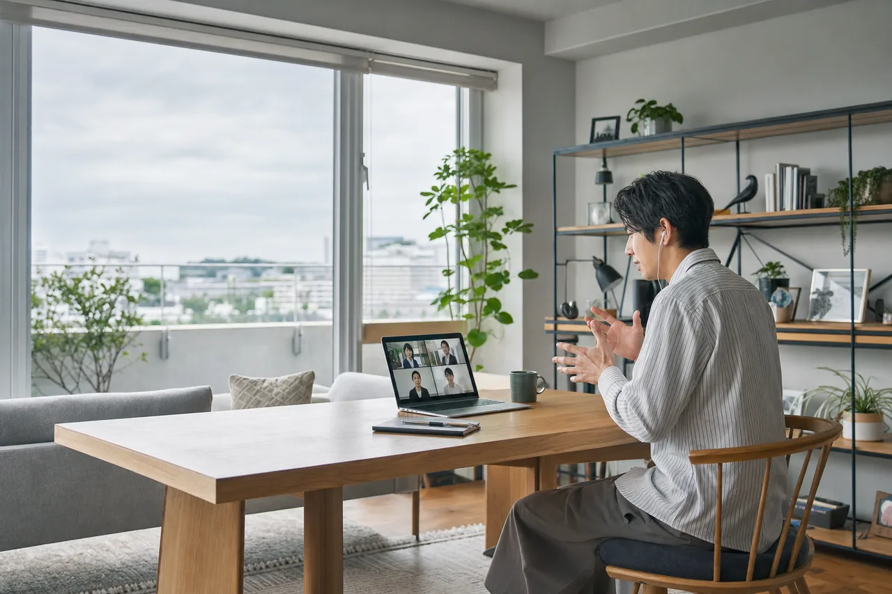 ハイブリッドワークでオンライン会議する社員（Webサイト用）。ハイブリッドワークでオンライン会議する社員をテーマに、Webサイト用として使いやすく構成した商用AI素材です。
