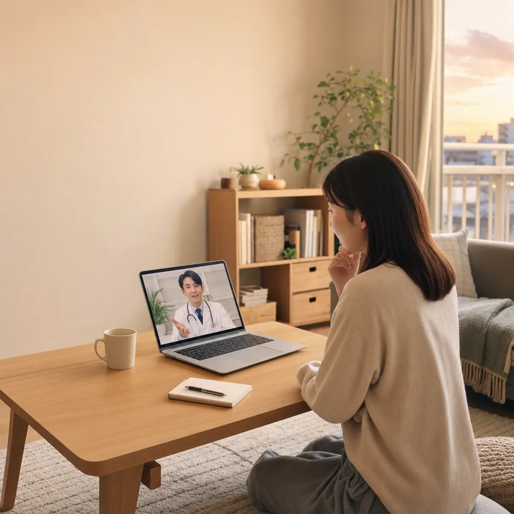 自宅でオンライン診療を受ける患者（Webサイト用）。自宅でオンライン診療を受ける患者をテーマに、Webサイト用として使いやすく構成した商用AI素材です。