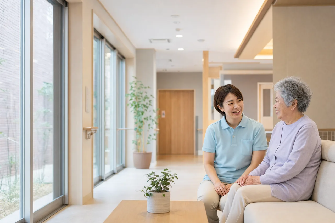 介護施設で会話する介護士と高齢者（Webサイト用）。介護施設で会話する介護士と高齢者をテーマに、Webサイト用として使いやすく構成した商用AI素材です。