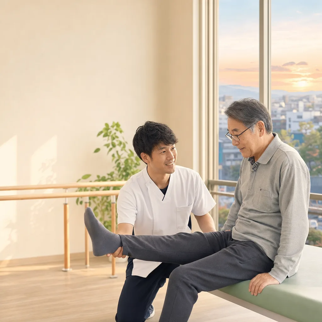 理学療法士とリハビリするシニア（Webサイト用）。理学療法士とリハビリするシニアをテーマに、Webサイト用として使いやすく構成した商用AI素材です。