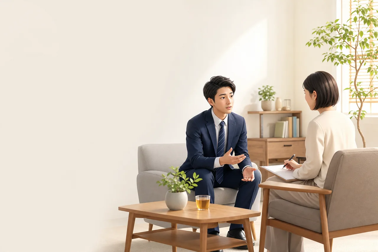 カウンセラーに心の健康を相談する会社員（Webサイト用）。カウンセラーに心の健康を相談する会社員をテーマに、Webサイト用として使いやすく構成した商用AI素材です。