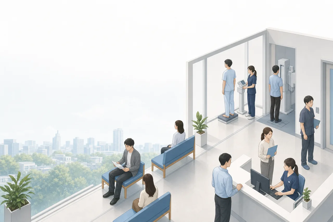 健康診断を受ける働き盛りの日本人（Webサイト用）。健康診断を受ける働き盛りの日本人をテーマに、Webサイト用として使いやすく構成した商用AI素材です。