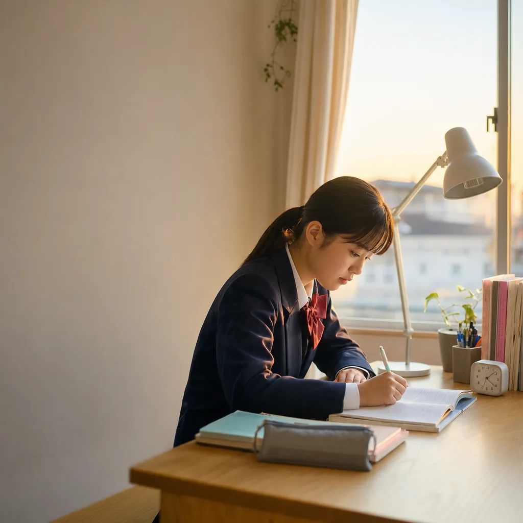 受験勉強に集中する高校生（Webサイト用）。受験勉強に集中する高校生をテーマに、Webサイト用として使いやすく構成した商用AI素材です。