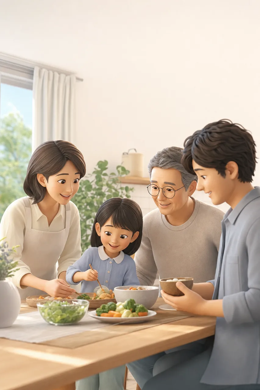 日本の三世代家族の日常（Webサイト用）。日本の三世代家族の日常をテーマに、Webサイト用として使いやすく構成した商用AI素材です。