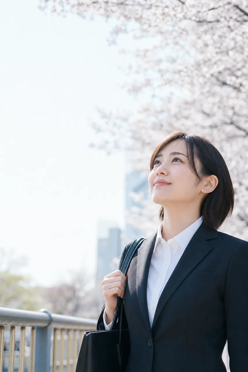 桜の季節に新生活を始める社会人（Webサイト用）。桜の季節に新生活を始める社会人をテーマに、Webサイト用として使いやすく構成した商用AI素材です。