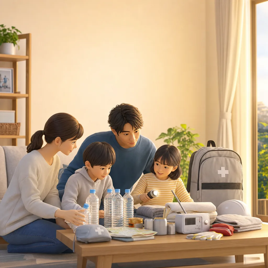 家庭で防災用品を確認する人々（Webサイト用）。家庭で防災用品を確認する人々をテーマに、Webサイト用として使いやすく構成した商用AI素材です。