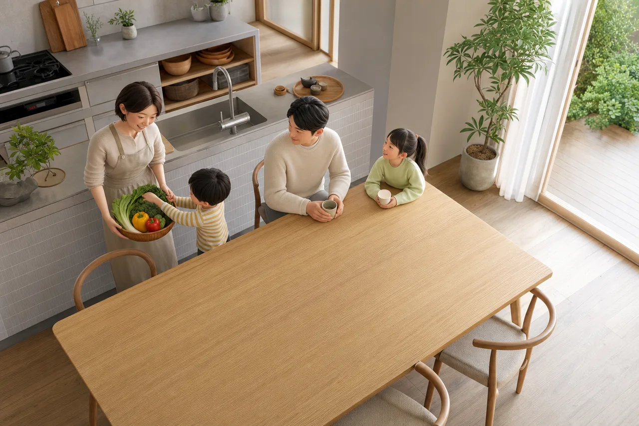 料理や食材を配置できる俯瞰のテーブル背景（Webサイト用）。料理や食材を配置できる俯瞰のテーブル背景をテーマに、Webサイト用として使いやすく構成した商用AI素材です。