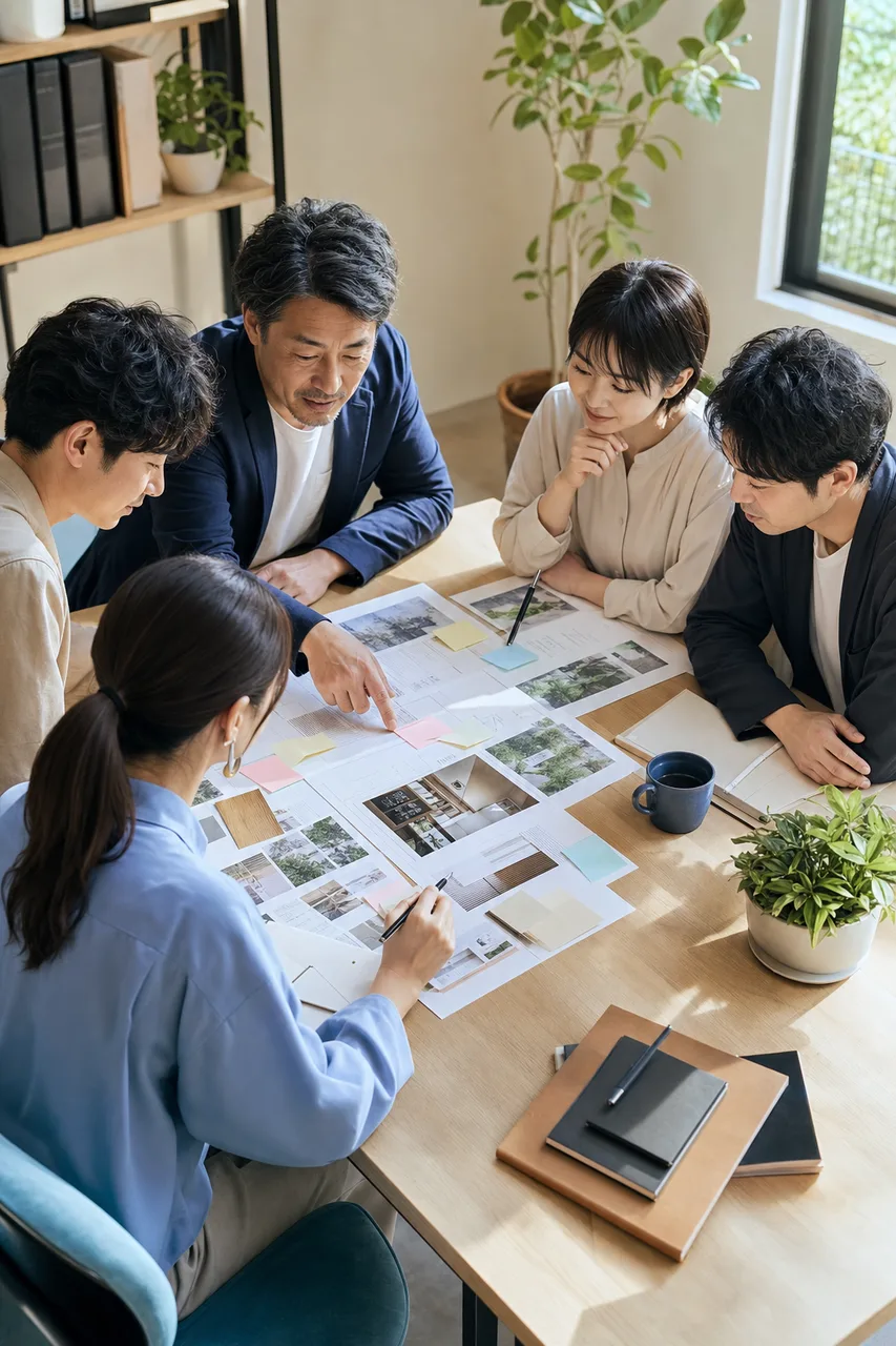 日本の中小企業の具体的な企画会議（SNS広告用）。日本の中小企業の具体的な企画会議をテーマに、SNS広告用として使いやすく構成した商用AI素材です。