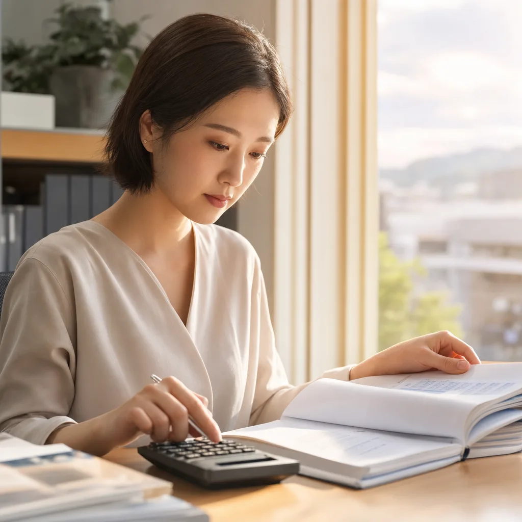帳簿と電卓で決算を確認する経理担当者（SNS広告用）。帳簿と電卓で決算を確認する経理担当者をテーマに、SNS広告用として使いやすく構成した商用AI素材です。