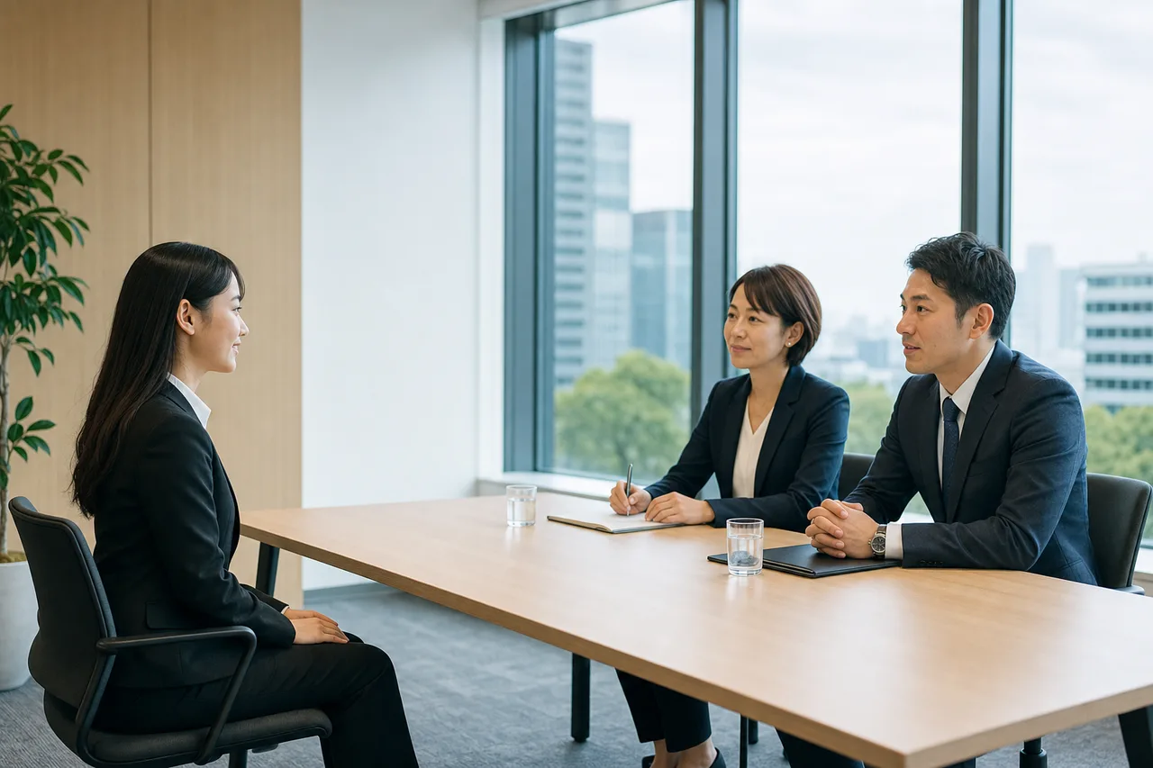 日本企業の採用面接（SNS広告用）。日本企業の採用面接をテーマに、SNS広告用として使いやすく構成した商用AI素材です。