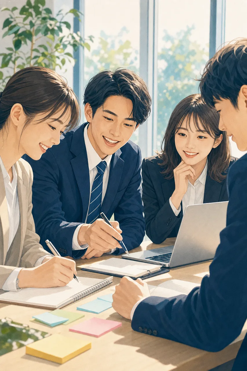 新入社員のオンボーディング研修（SNS広告用）。新入社員のオンボーディング研修をテーマに、SNS広告用として使いやすく構成した商用AI素材です。
