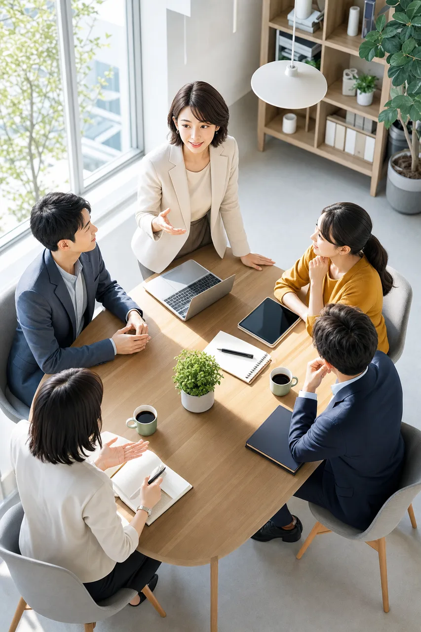 日本人女性管理職のリーダーシップ（SNS広告用）。日本人女性管理職のリーダーシップをテーマに、SNS広告用として使いやすく構成した商用AI素材です。