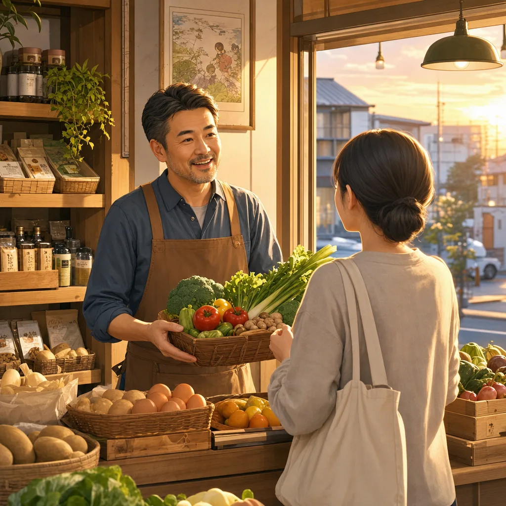 地域の小売店を営むオーナー（SNS広告用）。地域の小売店を営むオーナーをテーマに、SNS広告用として使いやすく構成した商用AI素材です。