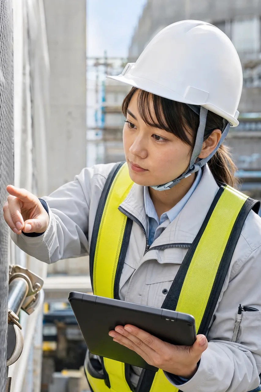 建設現場で安全確認する作業員（SNS広告用）。建設現場で安全確認する作業員をテーマに、SNS広告用として使いやすく構成した商用AI素材です。