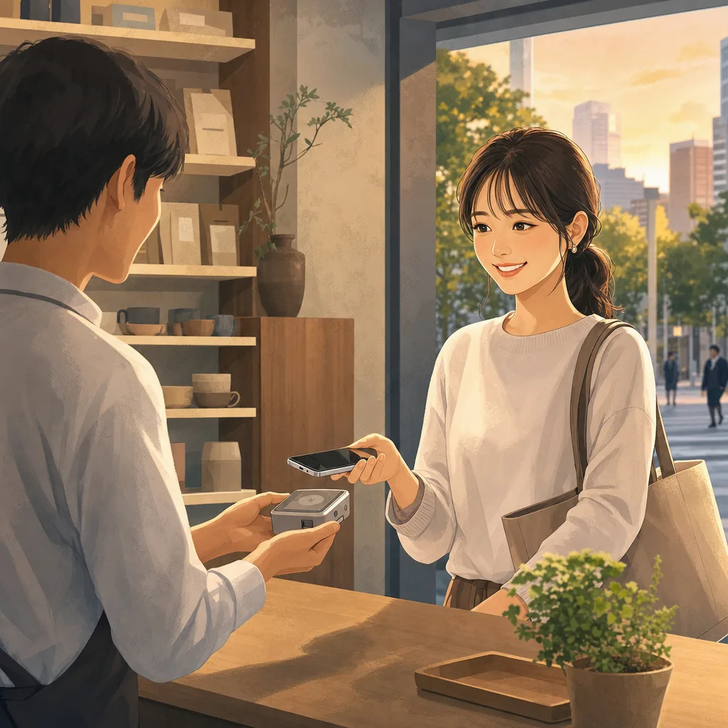店舗でキャッシュレス決済する顧客（SNS広告用）。店舗でキャッシュレス決済する顧客をテーマに、SNS広告用として使いやすく構成した商用AI素材です。