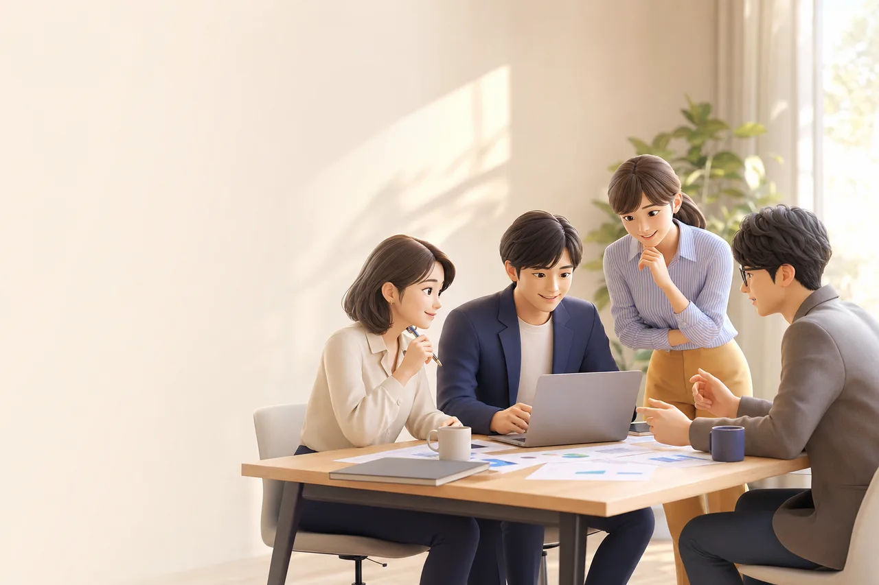 マーケティングデータを分析するチーム（SNS広告用）。マーケティングデータを分析するチームをテーマに、SNS広告用として使いやすく構成した商用AI素材です。