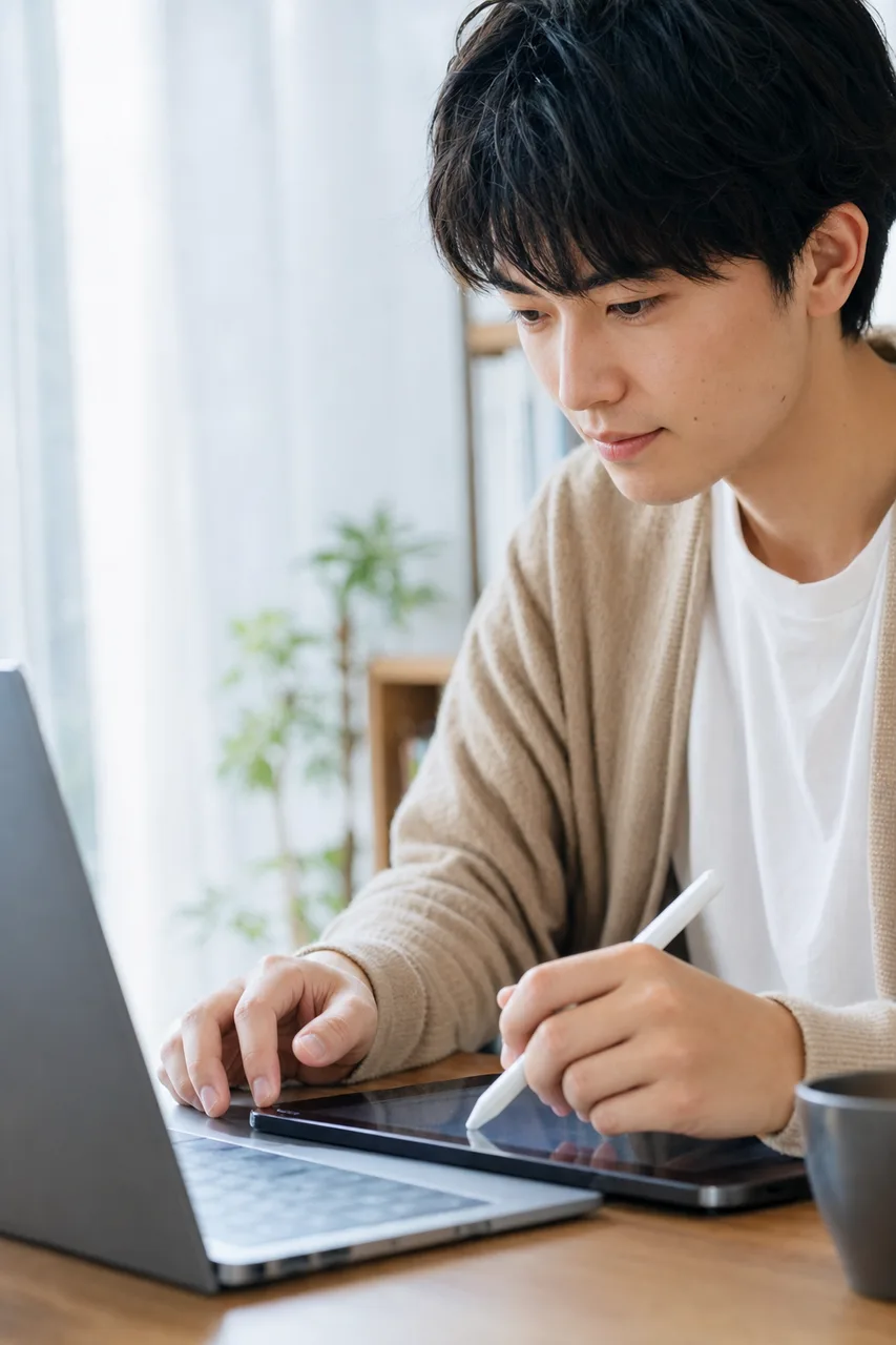 生成AIと協働する日本人クリエイター（SNS広告用）。生成AIと協働する日本人クリエイターをテーマに、SNS広告用として使いやすく構成した商用AI素材です。