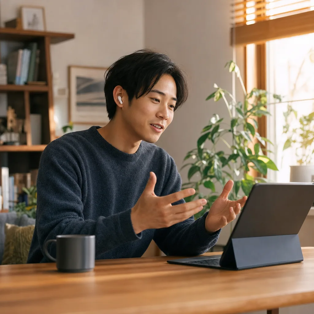 ハイブリッドワークでオンライン会議する社員（SNS広告用）。ハイブリッドワークでオンライン会議する社員をテーマに、SNS広告用として使いやすく構成した商用AI素材です。