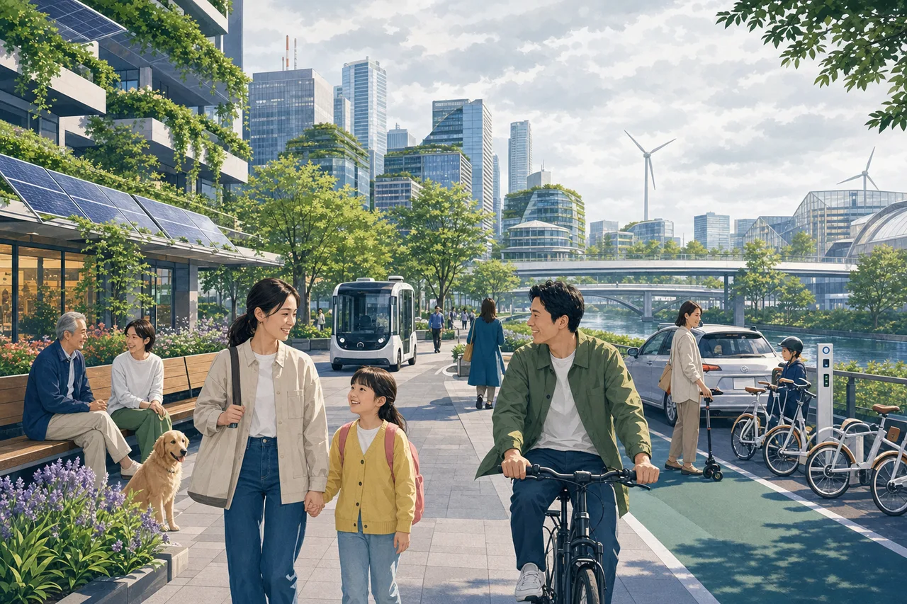 人と環境に配慮した日本のスマートシティ（SNS広告用）。人と環境に配慮した日本のスマートシティをテーマに、SNS広告用として使いやすく構成した商用AI素材です。