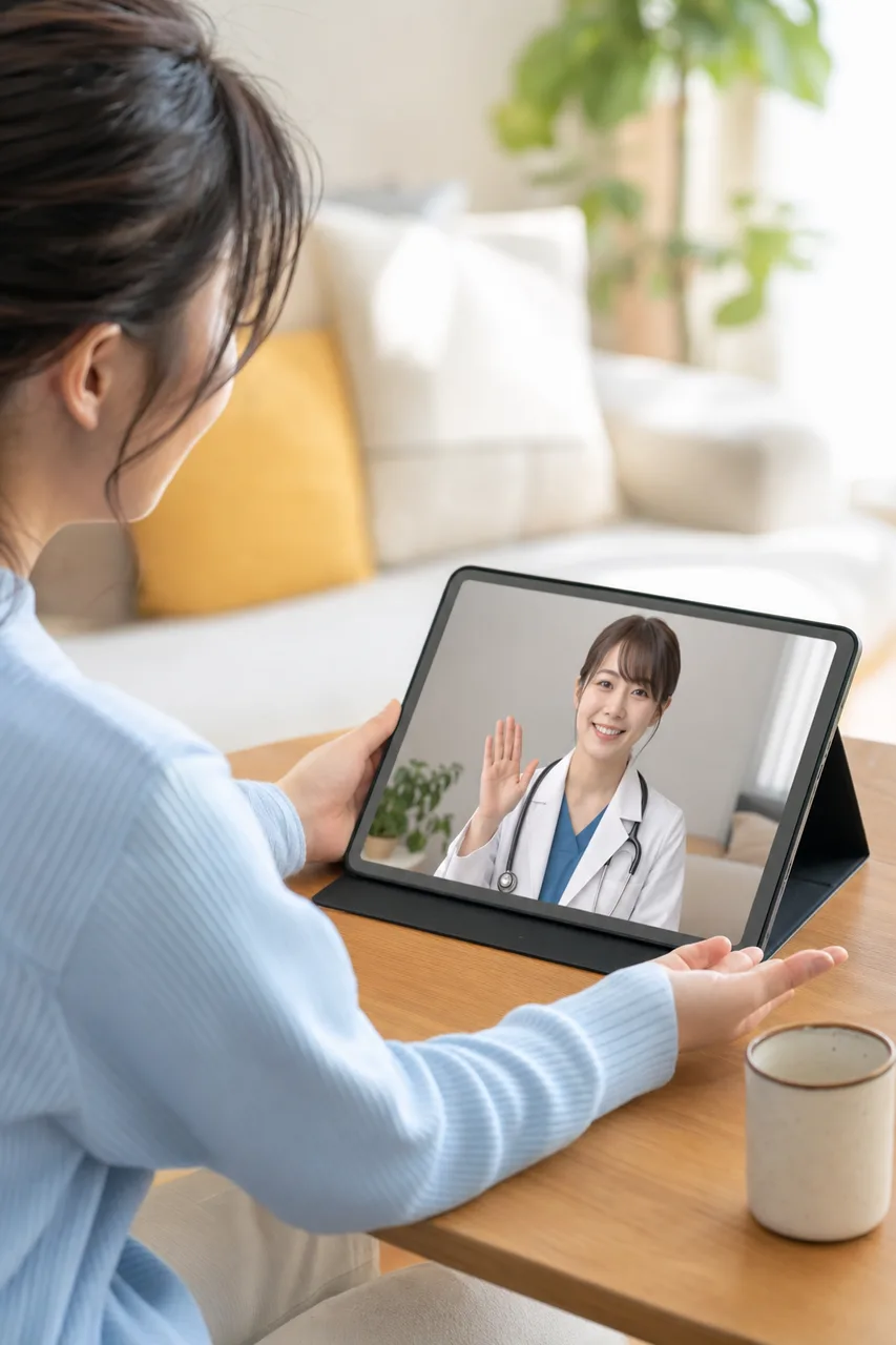 自宅でオンライン診療を受ける患者（SNS広告用）。自宅でオンライン診療を受ける患者をテーマに、SNS広告用として使いやすく構成した商用AI素材です。