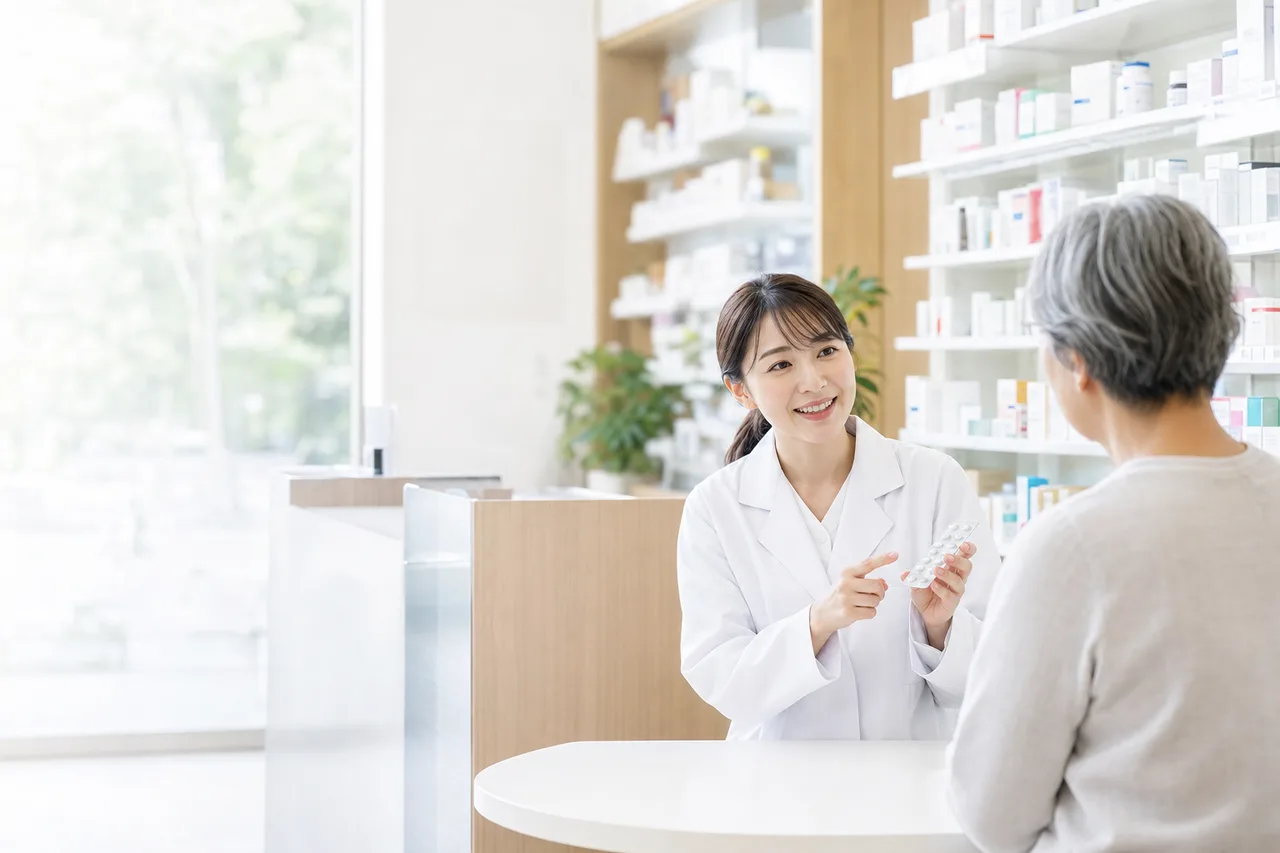 薬局で服薬説明をする薬剤師（SNS広告用）。薬局で服薬説明をする薬剤師をテーマに、SNS広告用として使いやすく構成した商用AI素材です。