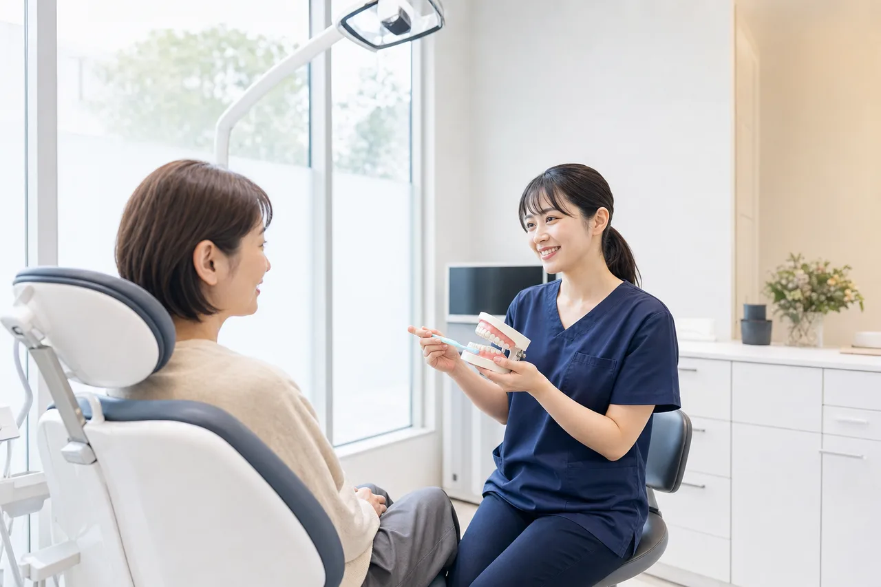 歯科医院で口腔ケアの説明を受ける患者（SNS広告用）。歯科医院で口腔ケアの説明を受ける患者をテーマに、SNS広告用として使いやすく構成した商用AI素材です。