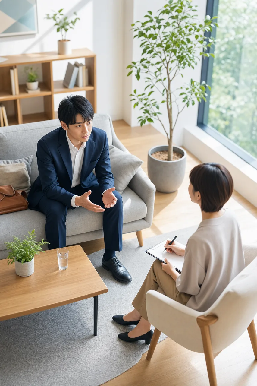 カウンセラーに心の健康を相談する会社員（SNS広告用）。カウンセラーに心の健康を相談する会社員をテーマに、SNS広告用として使いやすく構成した商用AI素材です。
