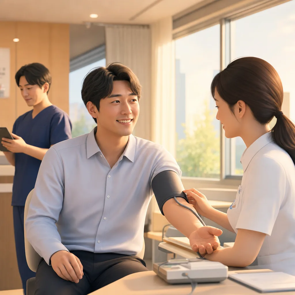 健康診断を受ける働き盛りの日本人（SNS広告用）。健康診断を受ける働き盛りの日本人をテーマに、SNS広告用として使いやすく構成した商用AI素材です。