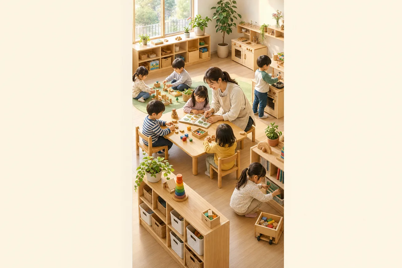 保育園で遊びながら学ぶ子どもたち（SNS広告用）。保育園で遊びながら学ぶ子どもたちをテーマに、SNS広告用として使いやすく構成した商用AI素材です。