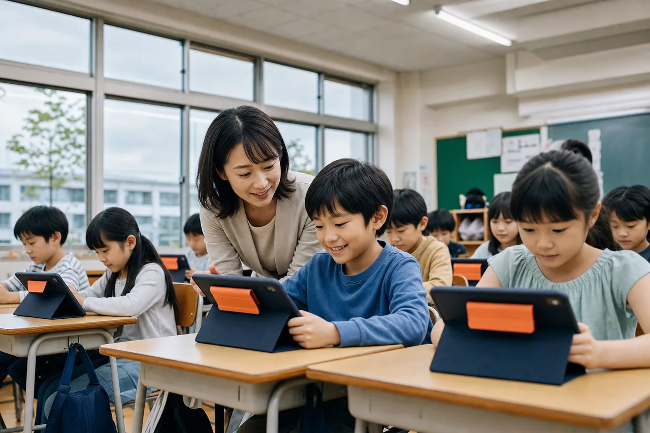 タブレットを使う日本の小学校の授業（SNS広告用）。タブレットを使う日本の小学校の授業をテーマに、SNS広告用として使いやすく構成した商用AI素材です。