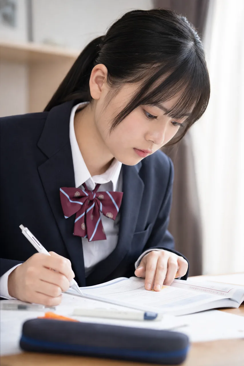 受験勉強に集中する高校生（SNS広告用）。受験勉強に集中する高校生をテーマに、SNS広告用として使いやすく構成した商用AI素材です。