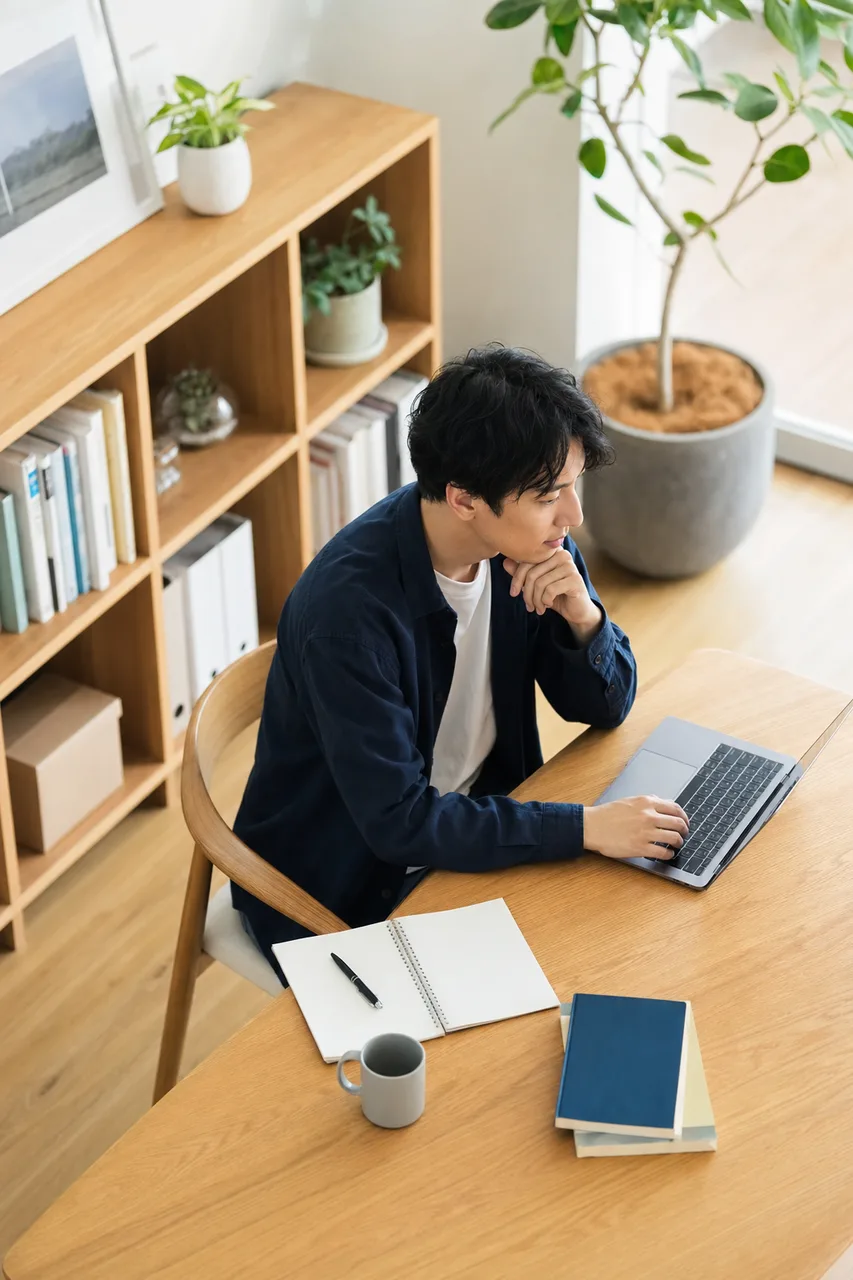 デジタルスキルを学び直す社会人（SNS広告用）。デジタルスキルを学び直す社会人をテーマに、SNS広告用として使いやすく構成した商用AI素材です。
