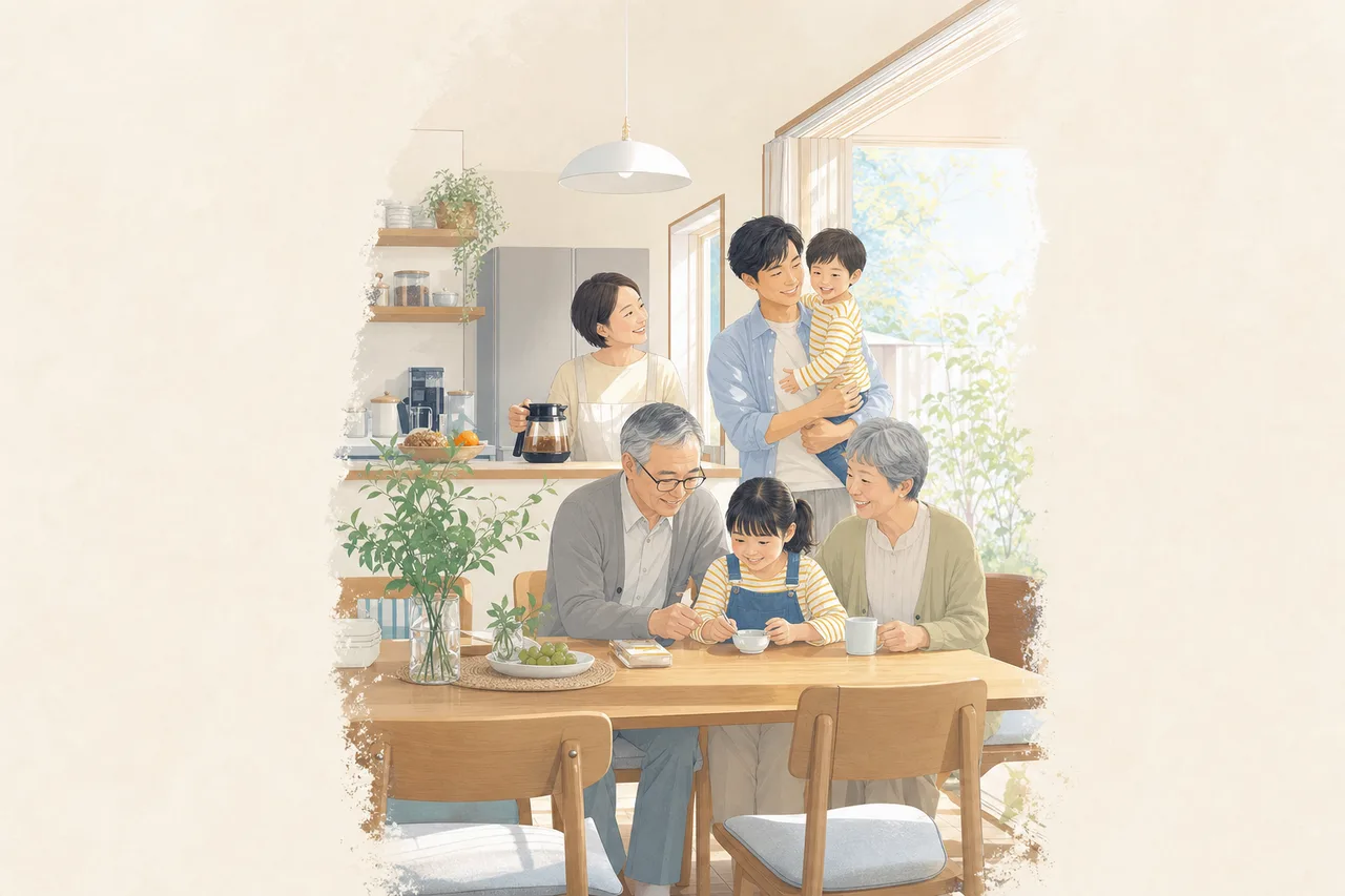 日本の三世代家族の日常（SNS広告用）。日本の三世代家族の日常をテーマに、SNS広告用として使いやすく構成した商用AI素材です。