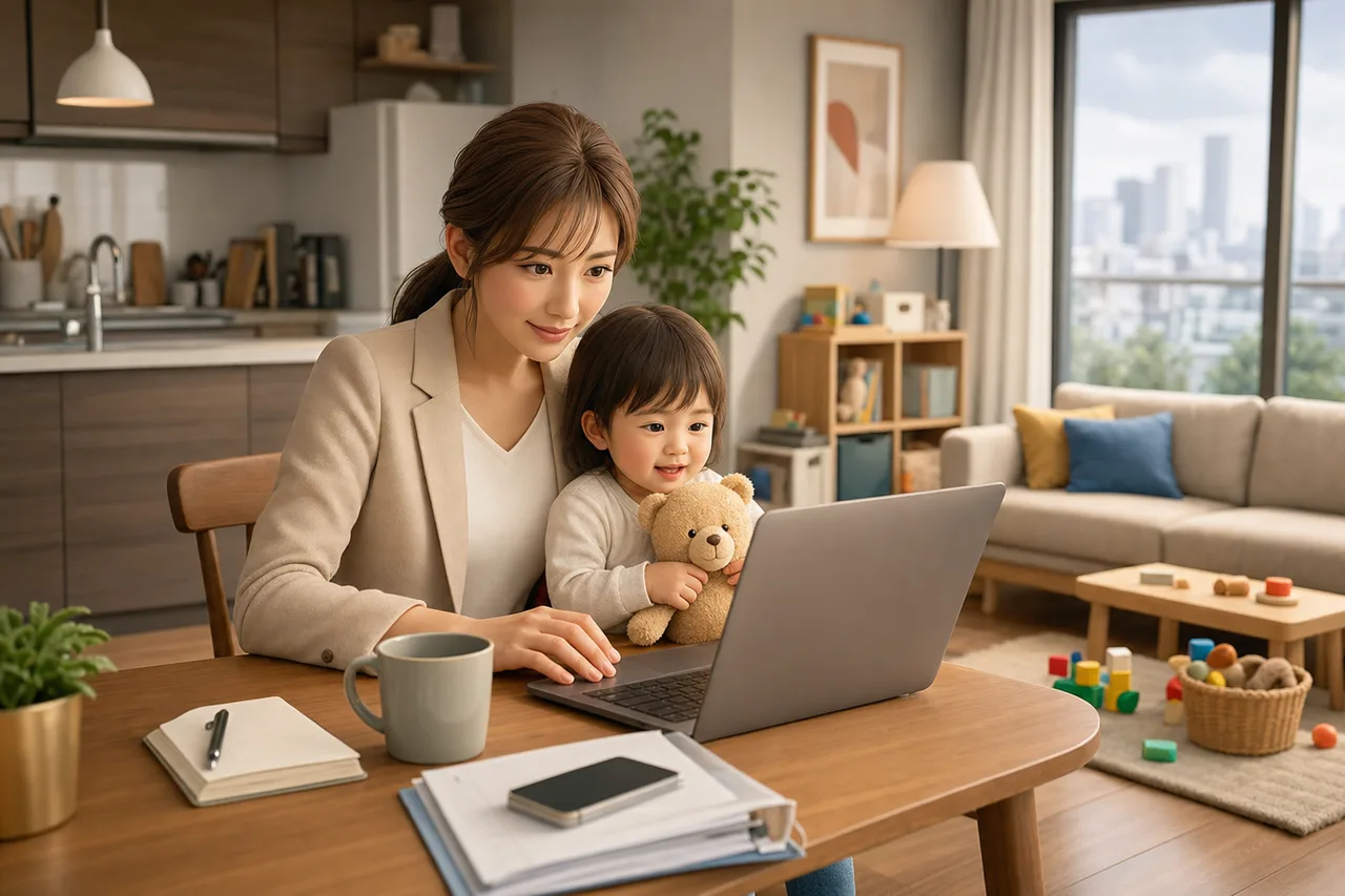 仕事と育児を両立する親（SNS広告用）。仕事と育児を両立する親をテーマに、SNS広告用として使いやすく構成した商用AI素材です。