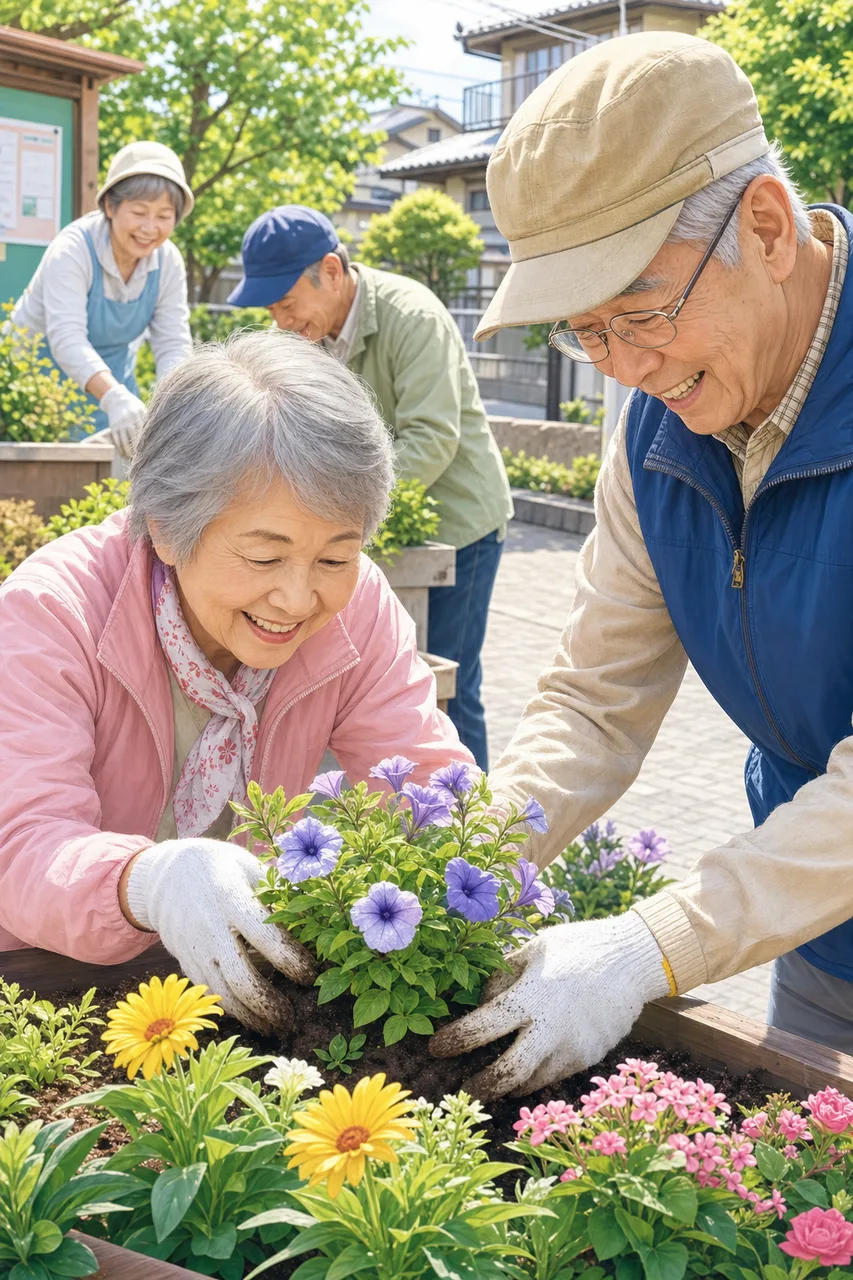 地域で生き生きと活動するシニア（SNS広告用）。地域で生き生きと活動するシニアをテーマに、SNS広告用として使いやすく構成した商用AI素材です。