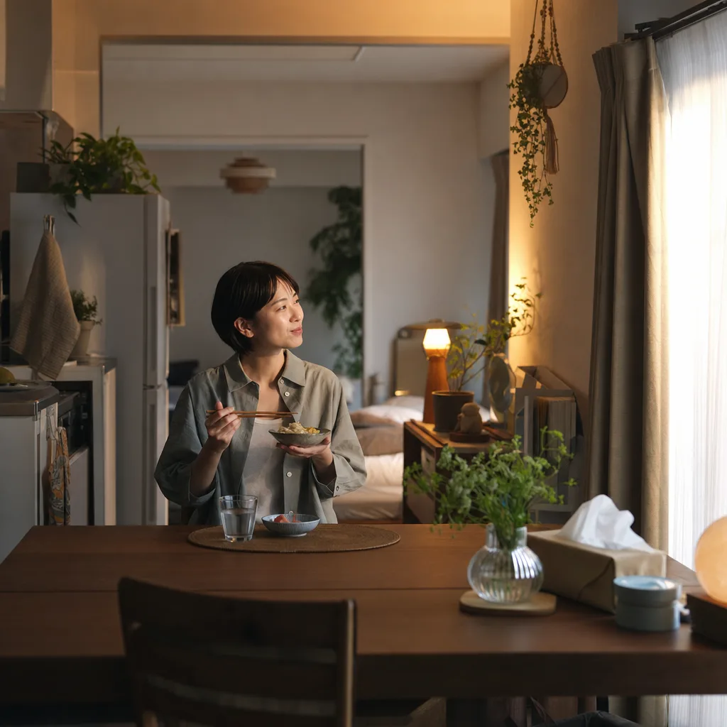 一人暮らしのコンパクトな日常（SNS広告用）。一人暮らしのコンパクトな日常をテーマに、SNS広告用として使いやすく構成した商用AI素材です。