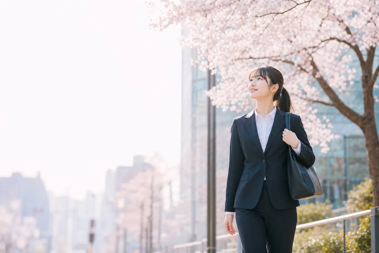 桜の季節に新生活を始める社会人（SNS広告用）。桜の季節に新生活を始める社会人をテーマに、SNS広告用として使いやすく構成した商用AI素材です。