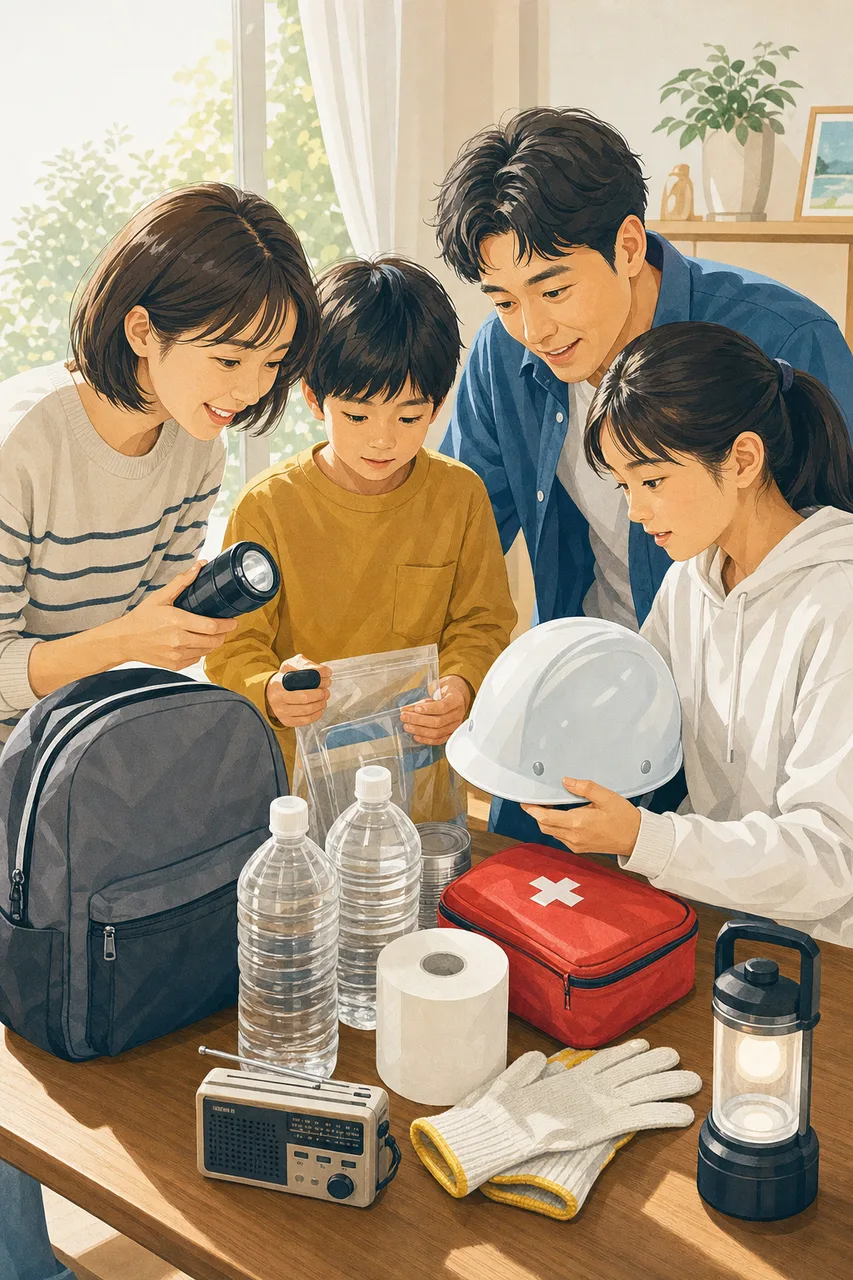 家庭で防災用品を確認する人々（SNS広告用）。家庭で防災用品を確認する人々をテーマに、SNS広告用として使いやすく構成した商用AI素材です。