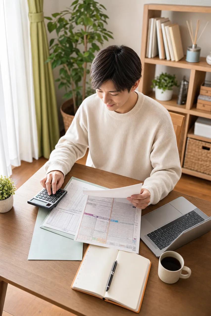 年末調整と確定申告を準備する人（SNS広告用）。年末調整と確定申告を準備する人をテーマに、SNS広告用として使いやすく構成した商用AI素材です。