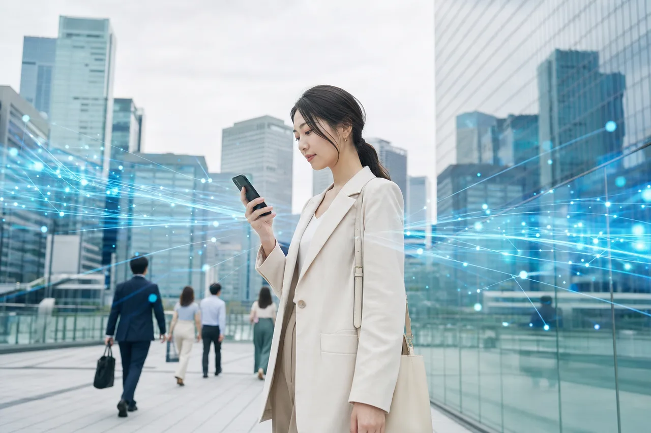 データと通信を表す抽象的なテクノロジー背景（SNS広告用）。データと通信を表す抽象的なテクノロジー背景をテーマに、SNS広告用として使いやすく構成した商用AI素材です。