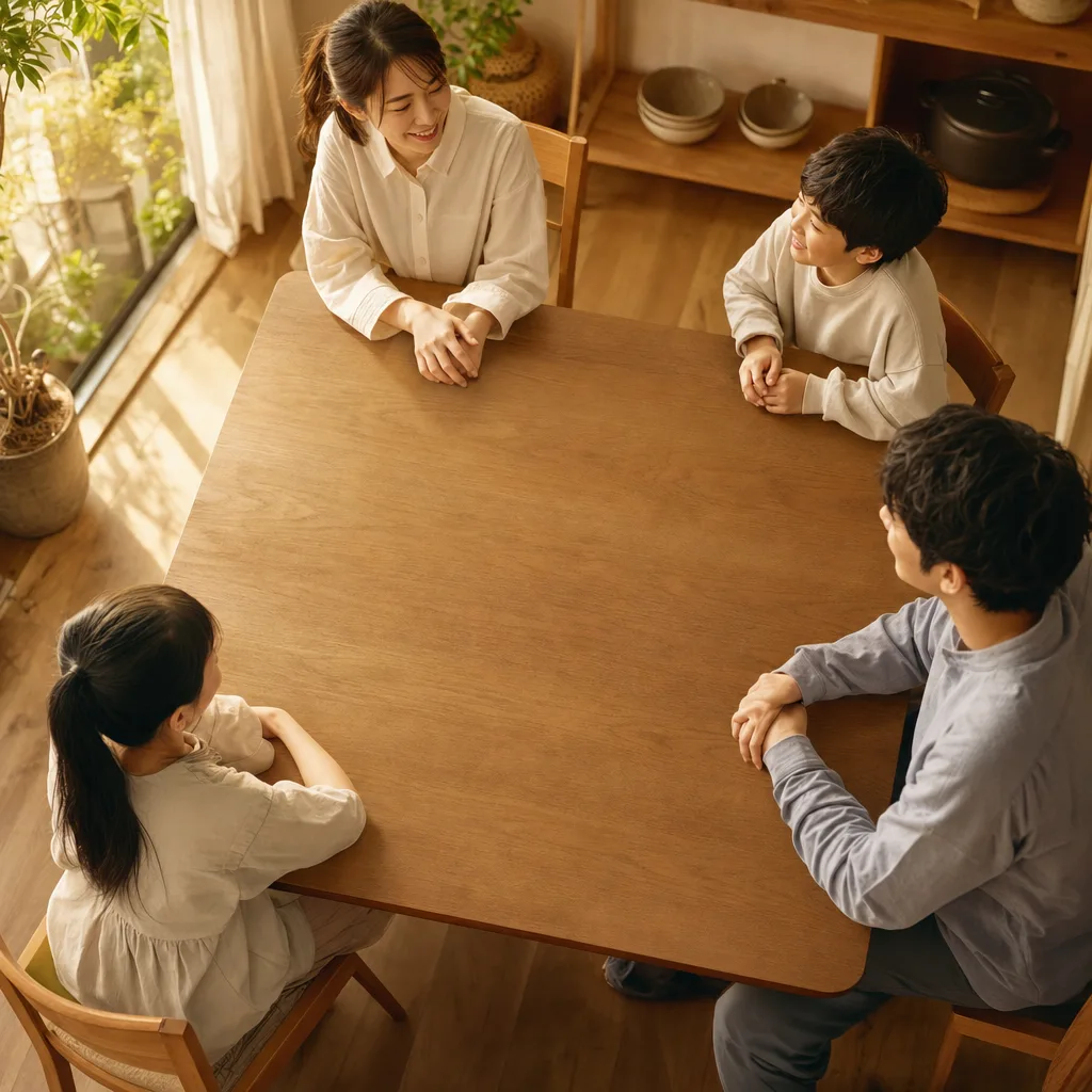 料理や食材を配置できる俯瞰のテーブル背景（SNS広告用）。料理や食材を配置できる俯瞰のテーブル背景をテーマに、SNS広告用として使いやすく構成した商用AI素材です。