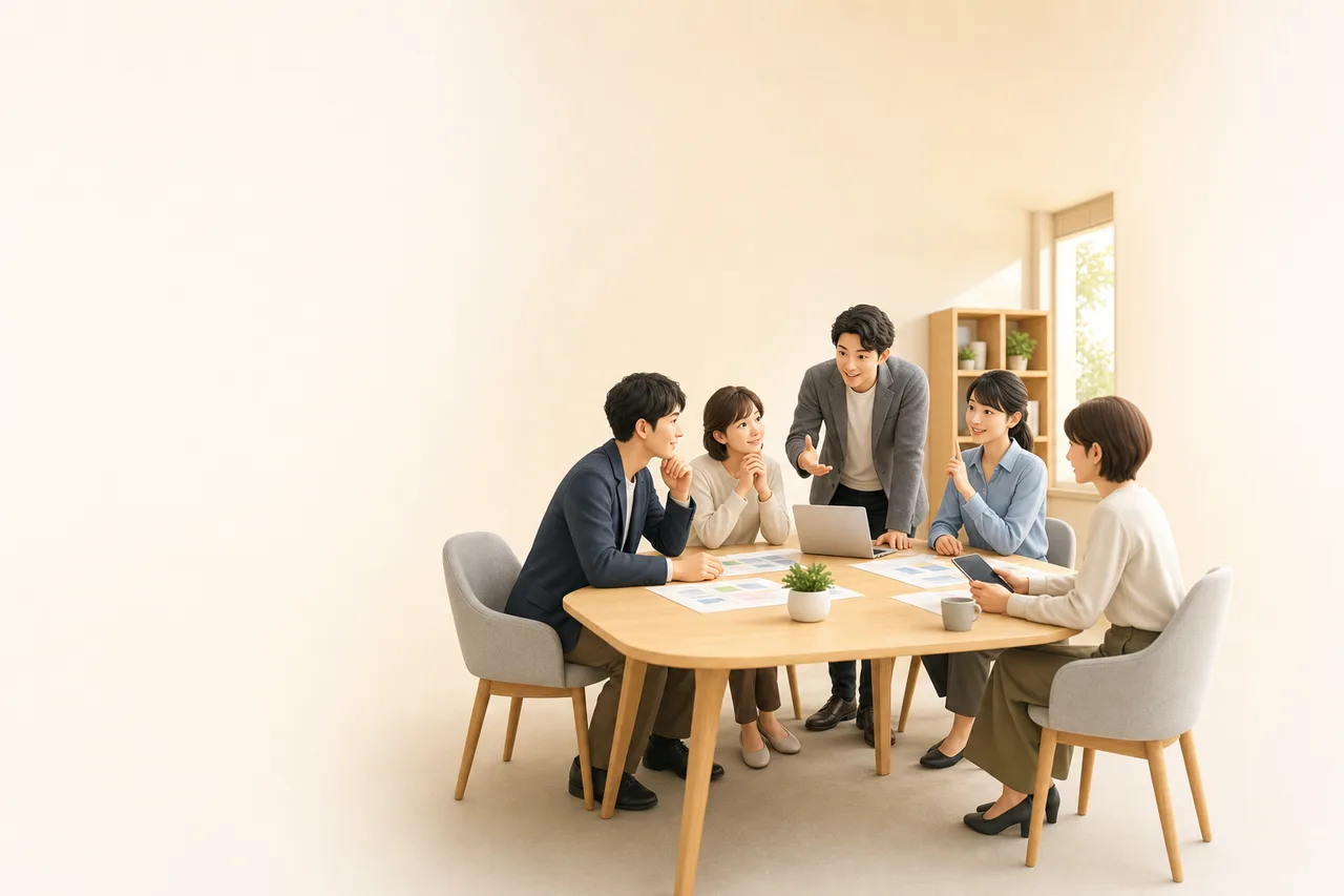 日本の中小企業の具体的な企画会議（提案資料用）。日本の中小企業の具体的な企画会議をテーマに、提案資料用として使いやすく構成した商用AI素材です。