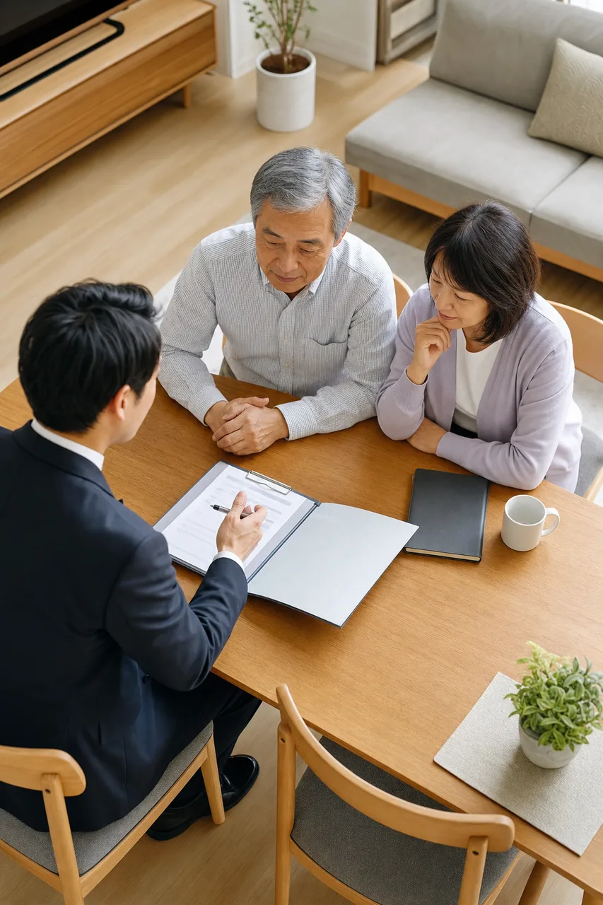 シニア夫婦への保険と資産形成の相談（提案資料用）。シニア夫婦への保険と資産形成の相談をテーマに、提案資料用として使いやすく構成した商用AI素材です。