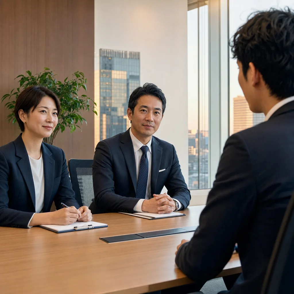 日本企業の採用面接（提案資料用）。日本企業の採用面接をテーマに、提案資料用として使いやすく構成した商用AI素材です。
