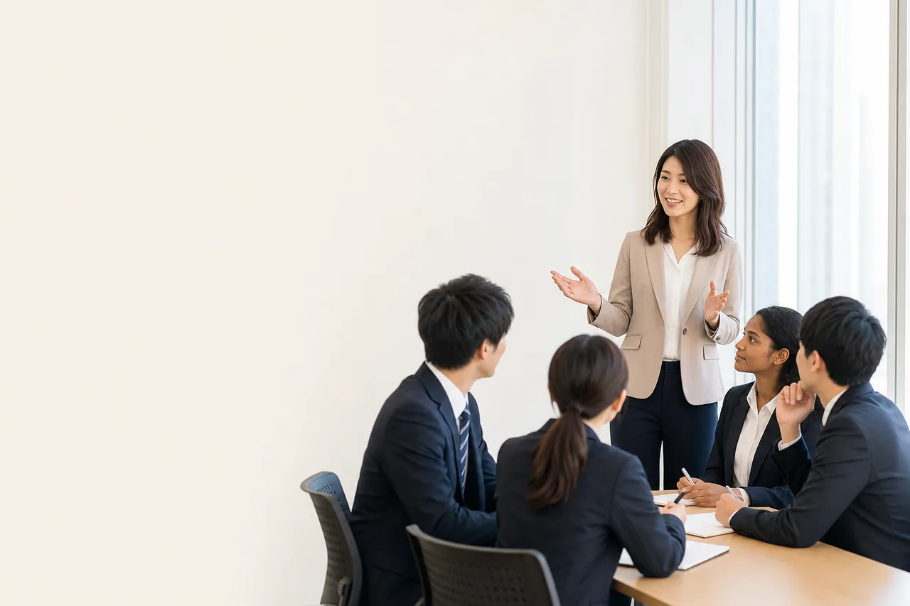 新入社員のオンボーディング研修（提案資料用）。新入社員のオンボーディング研修をテーマに、提案資料用として使いやすく構成した商用AI素材です。