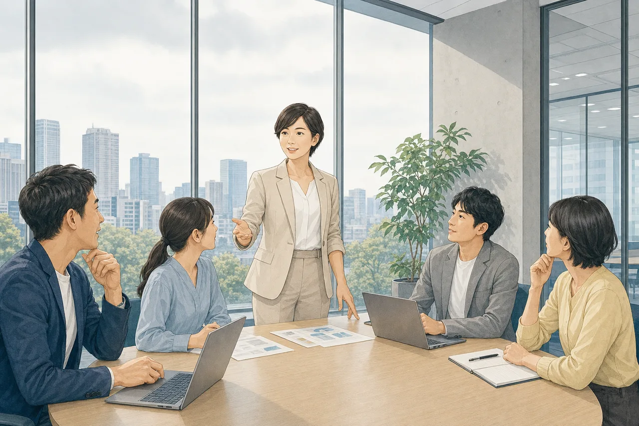 日本人女性管理職のリーダーシップ（提案資料用）。日本人女性管理職のリーダーシップをテーマに、提案資料用として使いやすく構成した商用AI素材です。