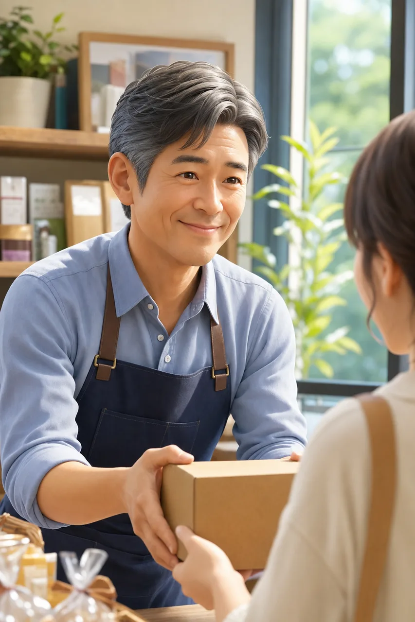 地域の小売店を営むオーナー（提案資料用）。地域の小売店を営むオーナーをテーマに、提案資料用として使いやすく構成した商用AI素材です。