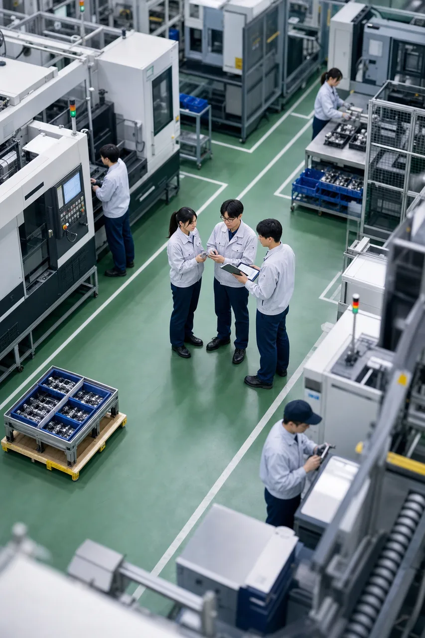 日本の製造現場で確認する技術者（提案資料用）。日本の製造現場で確認する技術者をテーマに、提案資料用として使いやすく構成した商用AI素材です。