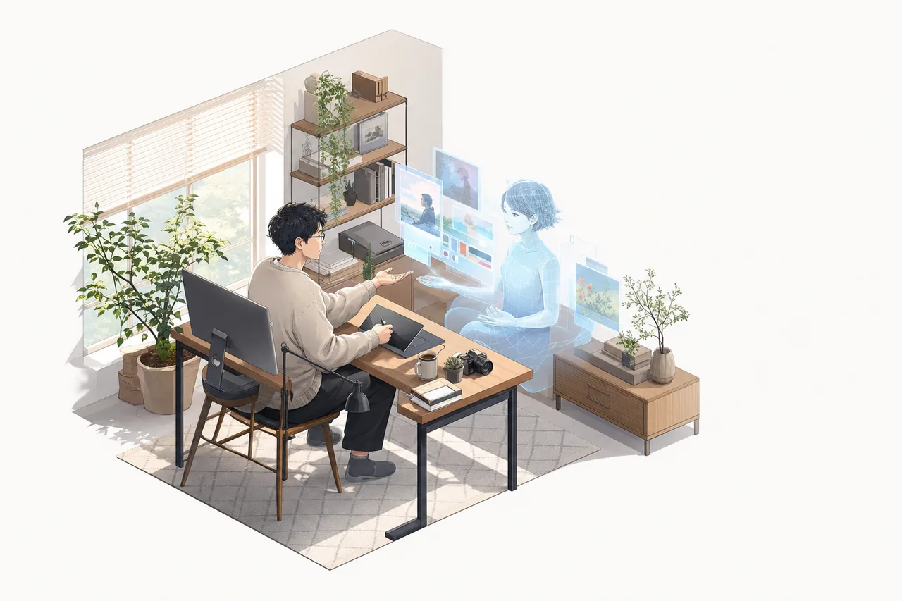 生成AIと協働する日本人クリエイター（提案資料用）。生成AIと協働する日本人クリエイターをテーマに、提案資料用として使いやすく構成した商用AI素材です。