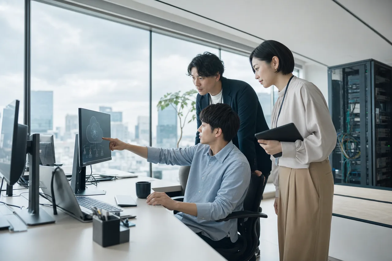 クラウド上のデータを管理するエンジニア（提案資料用）。クラウド上のデータを管理するエンジニアをテーマに、提案資料用として使いやすく構成した商用AI素材です。